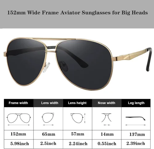 Vista 3 de Gafas de sol de aviador polarizadas extra grandes de marco ancho XL para hombres grandes gafas de piloto militares de gran