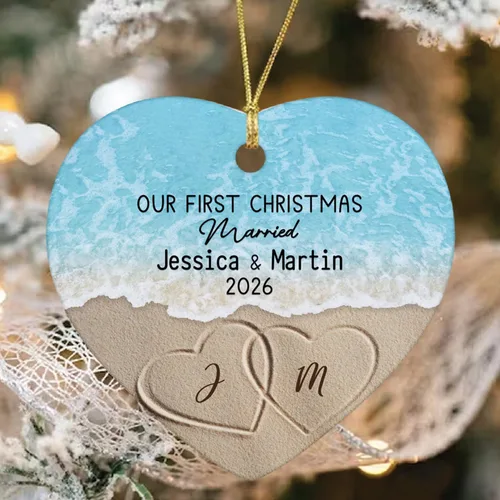 Vista 14 de Just Married - Regalo de recuerdo para recién casados, adorno de boda personalizado en la playa con nombres y fecha