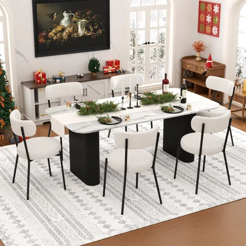 Vista 11 de Juego de mesa de comedor ovalada negra moderna de 70.9 pulgadas para 4, mesa de cocina rectangular estilo crema con sillas negras Boucle, juego
