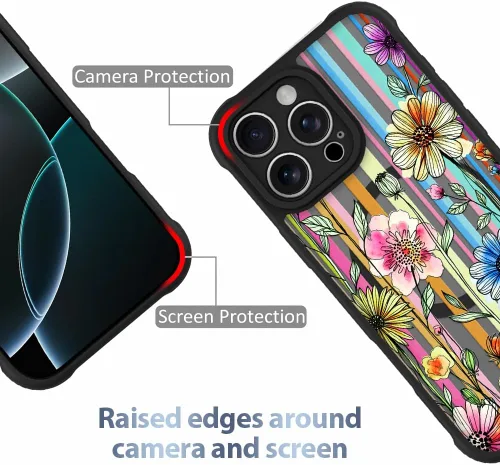Vista 2 de AIGOMARA Magnetic Case for iPhone 16 Pro, Striped Floral - Black Black - Striped Floral