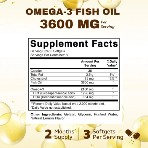 Vista 2 de Vitamatic Aceite de pescado Omega 3 de triple fuerza, 3600 mg por porción, 2160 mg de ácidos grasos Omega 3, 1296 mg de EPA + 864 mg de DHA, sabor a