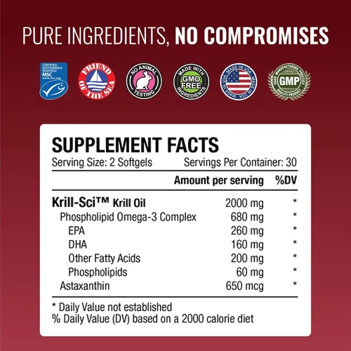 Vista 4 de Approved Science Aceite de krill - 2000 mg de aceite de krill antártico, 650 mcg de astaxantina - 260 mg EPA, 160 mg DHA - 60 cápsulas blandas - 1