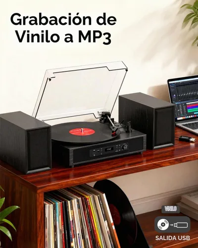 Vista 9 de Reproductor de discos de vinilo con 4+2 altavoces estéreo externos Bluetooth, tocadiscos de 3 velocidades con correa para discos de vinilo, dos