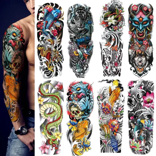 Vista 7 de Manga de Tatuajes Temporales de Animales, 8 Hojas de Tatuajes Temporales Grandes, Manga Completa de Tatuajes Temporales para Mujeres, Tatuajes