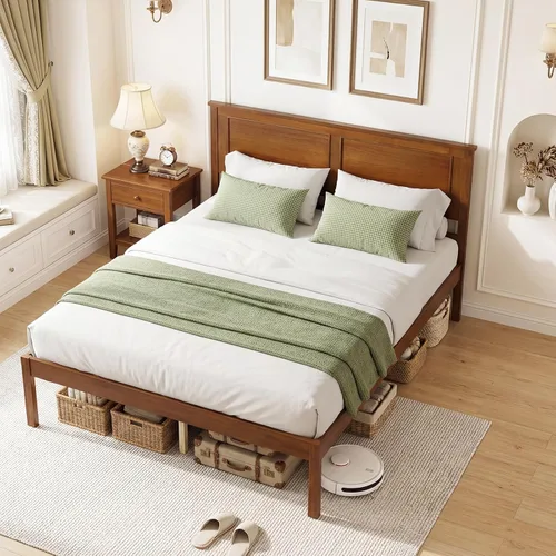 Vista 12 de GIANTEX Marco de cama de madera individual con cabecero, plataforma moderna de mediados de siglo con soporte de listones de madera, base de colchón