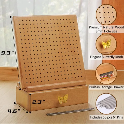 Vista 2 de Kit Premium de Tablero de Bloqueo de Ganchillo en Madera de Haya con 50 Alfileres de Acero Inoxidable, Cajón de Almacenamiento, Soporte Ajustable