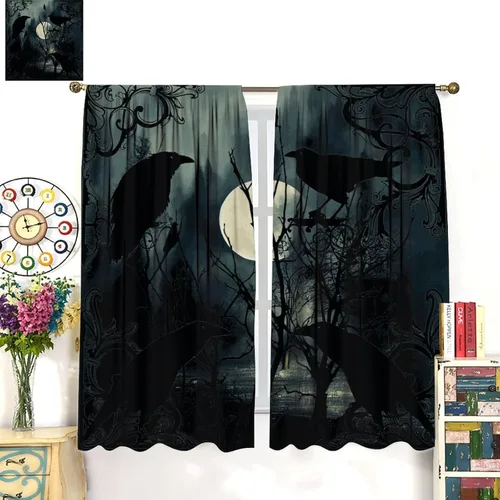 Vista 3 de Cortinas góticas rústicas con estampado de cuervo de bosque brumoso, rama, luna, bolsillo para barra, cortinas de ventana para dormitorio, sala