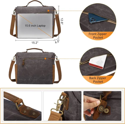 Vista 4 de LOVEVOOK Bolso bandolera para hombre de cuero auténtico impermeable de lona retro de 156 pulgadas para laptop para el trabajo la escuela los viajes