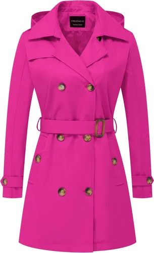 Vista 16 de CREATMO US Gabardina para mujer con doble botonadura clásica con solapa, con cinturón y capucha desmontable Albaricoque