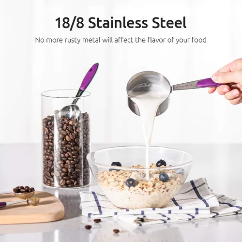 Vista 4 de U-Taste Juego de tazas y cucharas medidoras de acero inoxidable 18/8 y juego de pinzas de cocina de alta resistencia al calor de 600ºF (morado)