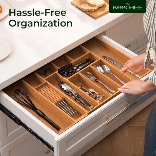 Vista 9 de keechee Organizador grande de bambú carbonizado para cajones de cocina, organizador de cubiertos expandible con 12 ranuras, soporte para utensilios