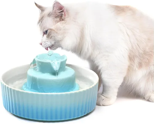 Vista 9 de Fuente de agua de cerámica para gatos de 2.1 litros, para gatos y perros, fuente de cerámica 360 para mascotas, gran capacidad de agua de 70 onzas