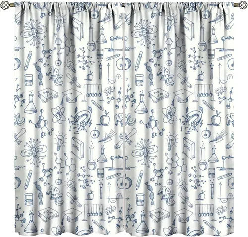 Vista 17 de Cortinas opacas para ventanas de ciencia para niños, lupa de libro de laboratorio de ciencia, lupa, frascos moleculares, cortinas impresas