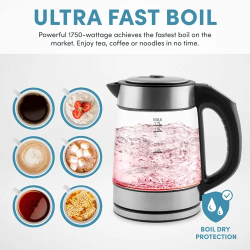 Vista 2 de AROMA® Hervidor de agua de vidrio digital profesional de 1.7L/7 tazas (AWK-170D)