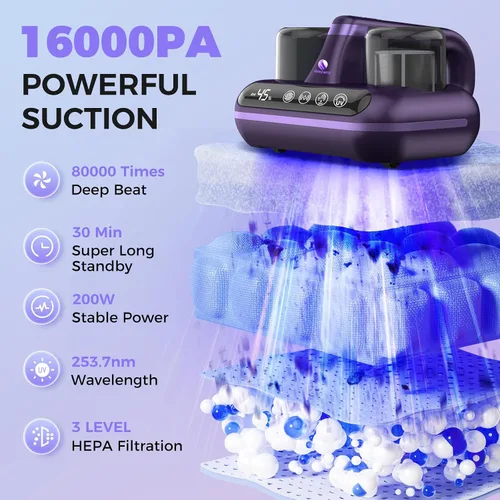 Vista 2 de Amzany Aspirador de colchón – Aspirador de cama inalámbrico 5 en 1, alimentado por luz UV-C y tecnología ultrasónica, succión fuerte de 16 Kpa, bajo