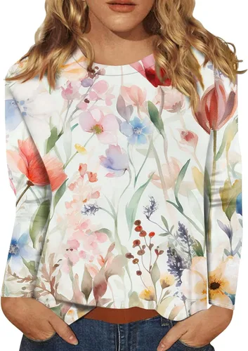 Vista 15 de Camisetas de manga larga para mujer, blusas elegantes y casuales con cuello redondo para mujer #00-Beige