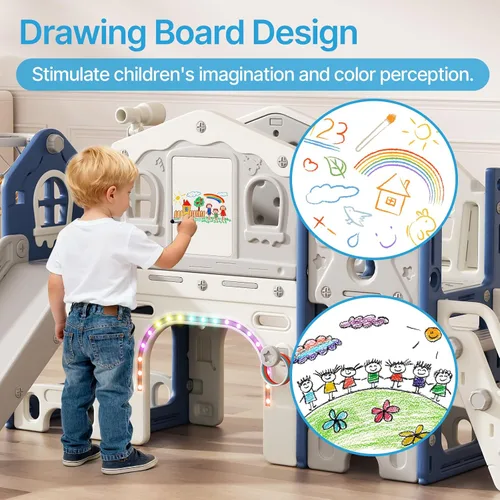 Vista 3 de BIERUM Juego de tobogán 10 en 1 para niños pequeños - Tobogán para bebés de 1 a 3 años con luces coloridas, pizarra para dibujar y tablero