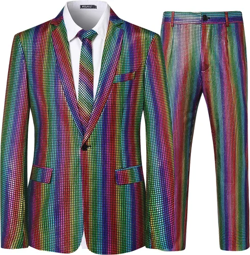 Vista 2 de WULFUL Traje de discoteca de 2 piezas para hombre, disfraz de los años 70, chaqueta y pantalones de lentejuelas para fiesta de Halloween, trajes