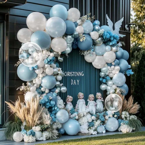Vista 2 de Guirnalda de globos azul empolvado y blancos, kit de arco de globos Bobo de perlas azul claro con doble relleno para cumpleaños, baby shower, boda