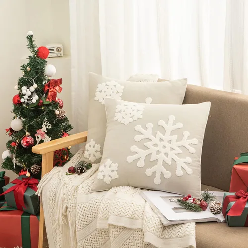 Vista 5 de 18x18, Funda de almohada decorativa de algodón para Navidad, bendición navideña, para cama, sofá, cojín de coche, con bordado de copo de nieve Gris