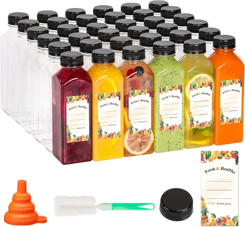Vista 9 de Moretoes - 8 unidades de botellas de jugo de 16 onzas, botellas de plástico con tapas, botellas reutilizables para jugos para bebidas, batidos