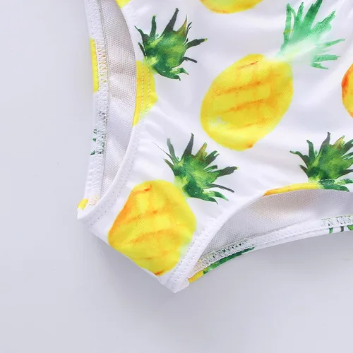 Vista 7 de Traje de baño de dos piezas para niñas pequeñas con volantes y estampado de piña (verde, 6-7 años)