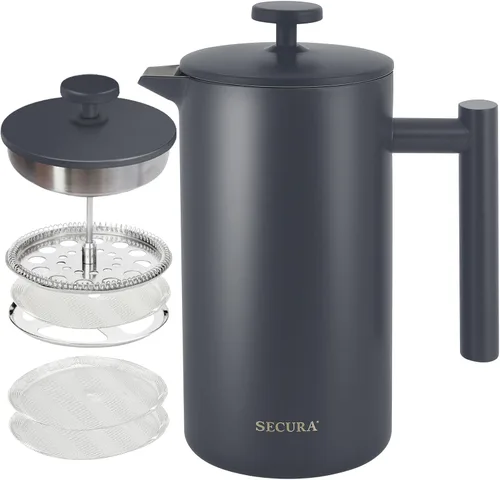 Vista 16 de Secura Cafetera de prensa francesa con filtro de acero inoxidable de 3 capas, 34 onzas, negro, diseño aislado de doble pared con 2 filtros