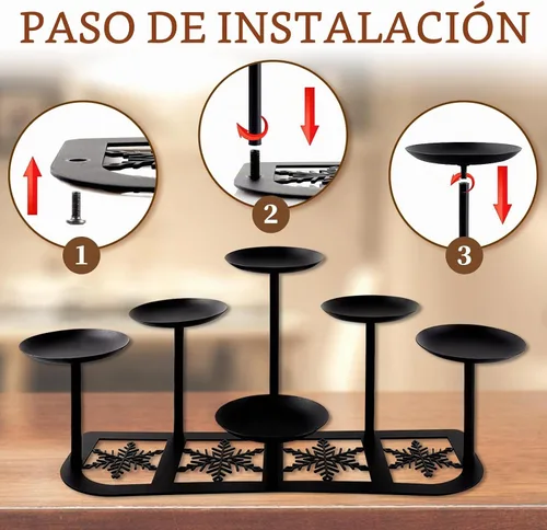 Vista 4 de Portavelas de chimenea de metal negro mate con 6 soportes de velas, decoración de manto para velas sin llama o de cera, mesa de piso, centro de 6