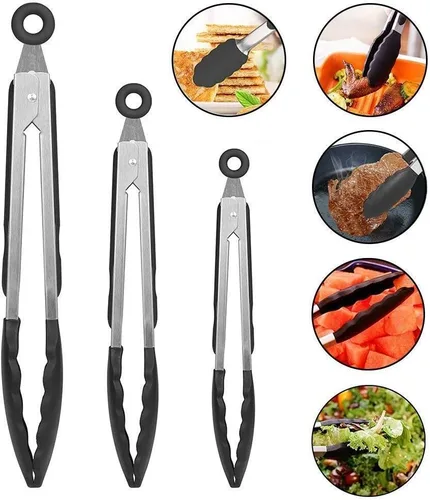 Vista 7 de Espátula Wok de silicona negra+juego de pinzas de silicona de 3 piezas