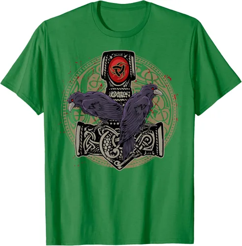 Vista 4 de Thors Hammer Mjolnir Huginn and Muninn Odin Raven - Camiseta, Negro, S