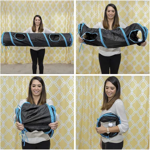 Vista 6 de PetLike Túnel para gatos de interior plegable para mascotas, tubo emergente para mascotas, escondite, juguetes de juego para gatos con pelota