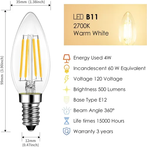 Vista 3 de LVWIT Bombilla de filamento LED Edison B11 no regulable de 5.5 W (equivalente a 60 vatios), base de candelabro E12 de 2700 K, luz blanca cálida