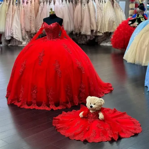 Vista 6 de Vestidos de quinceañera con hombros descubiertos vestidos de tul hinchados para vestido de 15 años de encaje apliques vestido de fiesta Ftu01