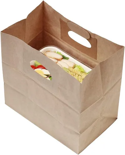 Vista 21 de Bag Tek Rectangle Paper Take Out Bag - with Handles - 11" x 7" x 11" - 100 count box