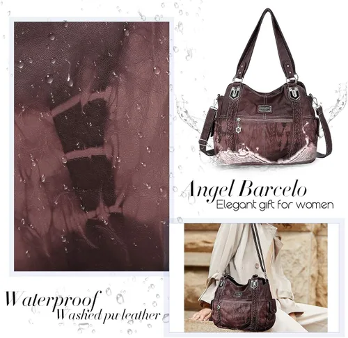 Vista 5 de Angel Barcelo - Bolsa de hombro amplia para mujer, diseño Hobo, cuero lavado