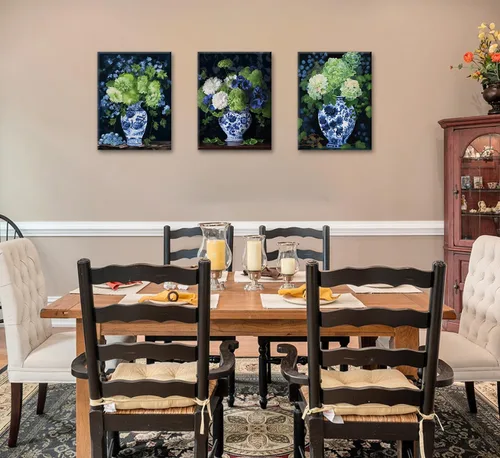 Vista 7 de DJSYLIFE Chinoiserie - Arte de pared – Jarrón de porcelana oriental azul y blanco con acuarela, impresiones florales de hortensias para decoración