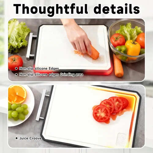 Vista 2 de Tabla de cortar de acero inoxidable, no tóxica para cocina, tabla de cortar de metal, acero inoxidable de doble cara/paja de trigo grande