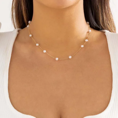 Vista 4 de Delicados collares de perlas para mujer, chapado en oro de 14 quilates, collar de perlas en capas, gargantilla de perlas simples, regalo de joyería