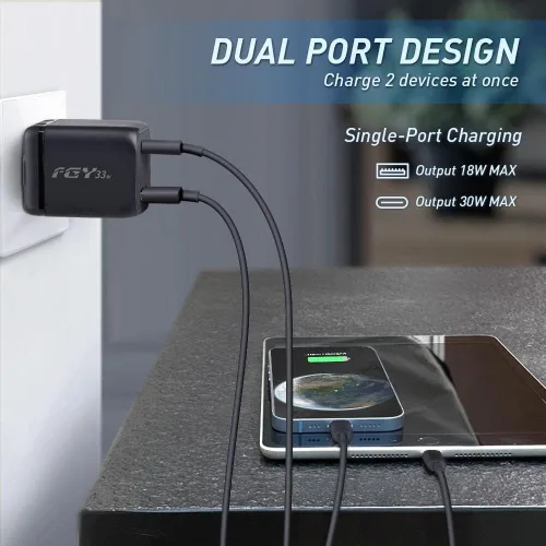 Vista 2 de FGY Cargador de pared USB C, cargador rápido GaN II de 30 W, bloque de carga de doble puerto, carga rápida para iPhone17/16/15/14/Pro Negro-Paquete