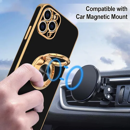 Vista 5 de Hython Funda para iPhone 12 Pro con soporte de anillo [soporte de anillo giratorio de 360° con soporte magnético] chapado de lujo en oro rosa suave