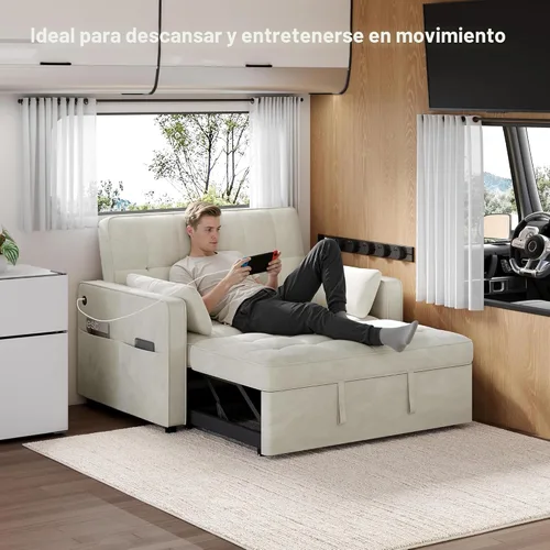 Vista 8 de Yaheetech Sofá cama convertible 3 en 1, sofá cama plegable de terciopelo con respaldo ajustable, almohadas para reposabrazos, puertos USB, bolsillos