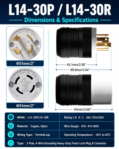 Vista 2 de Paquete de 1 enchufe de bloqueo NEMA L14‑30P de 30 amperios macho 30A 250V Twist Lock L14‑30, enchufe de grado industrial de 3 polos de 4 cables