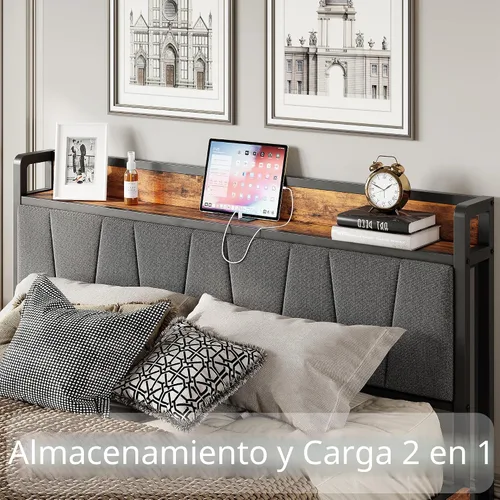 Vista 3 de LIKIMIO - Marco de cama tamaño King con 4 cajones de almacenamiento y cabecera cargada Vintage marrón y gris