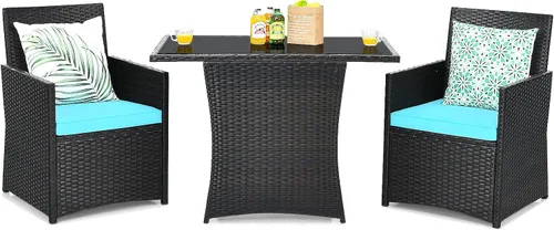 Vista 19 de Tangkula Juego de comedor de mimbre de 3 piezas, 2 sillas de ratán con mesa de comedor rectangular de vidrio templado, juego de conversación al aire