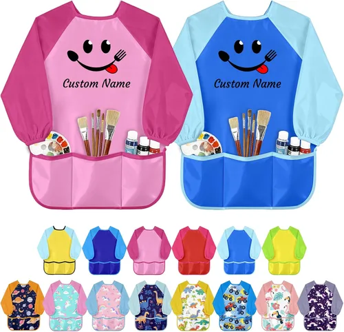 Vista 8 de Delantal de pintura para niños con nombre personalizado para niños, impermeable, manga larga para artista, bata de arte personalizada