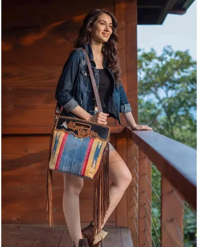 Vista 7 de Bolso cruzado de cuero occidental para mujer, bolso de hombro de lona reciclada con borlas