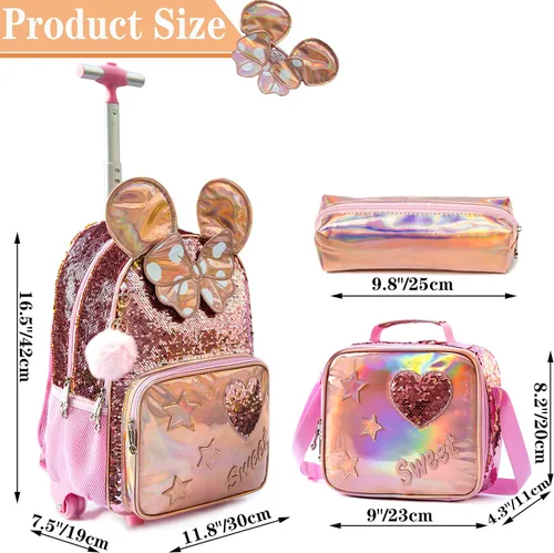 Vista 2 de Mochila con ruedas para niñas mochila escolar con fiambrera para estudiantes de primaria ruedas y equipaje 05 3pcs Rolling Backpack