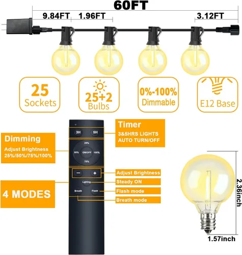 Vista 5 de Cadena de luces LED para exteriores de 40 pies, impermeables, luces LED G40 de globo para exteriores para patio con 27 bombillas Edison vintage a