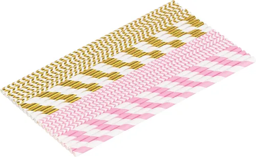 Vista 4 de DuraHome - Paquete de 200 pajitas de papel biodegradables con diseño de rayas doradas y rosas de 8.25 pulgadas para uso diario, fiesta de Dorado