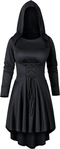 Vista 2 de Conjunto de túnica medieval con capucha para mujer, estilo vintage, con capucha, disfraz, cosplay, conjunto de leggings de red